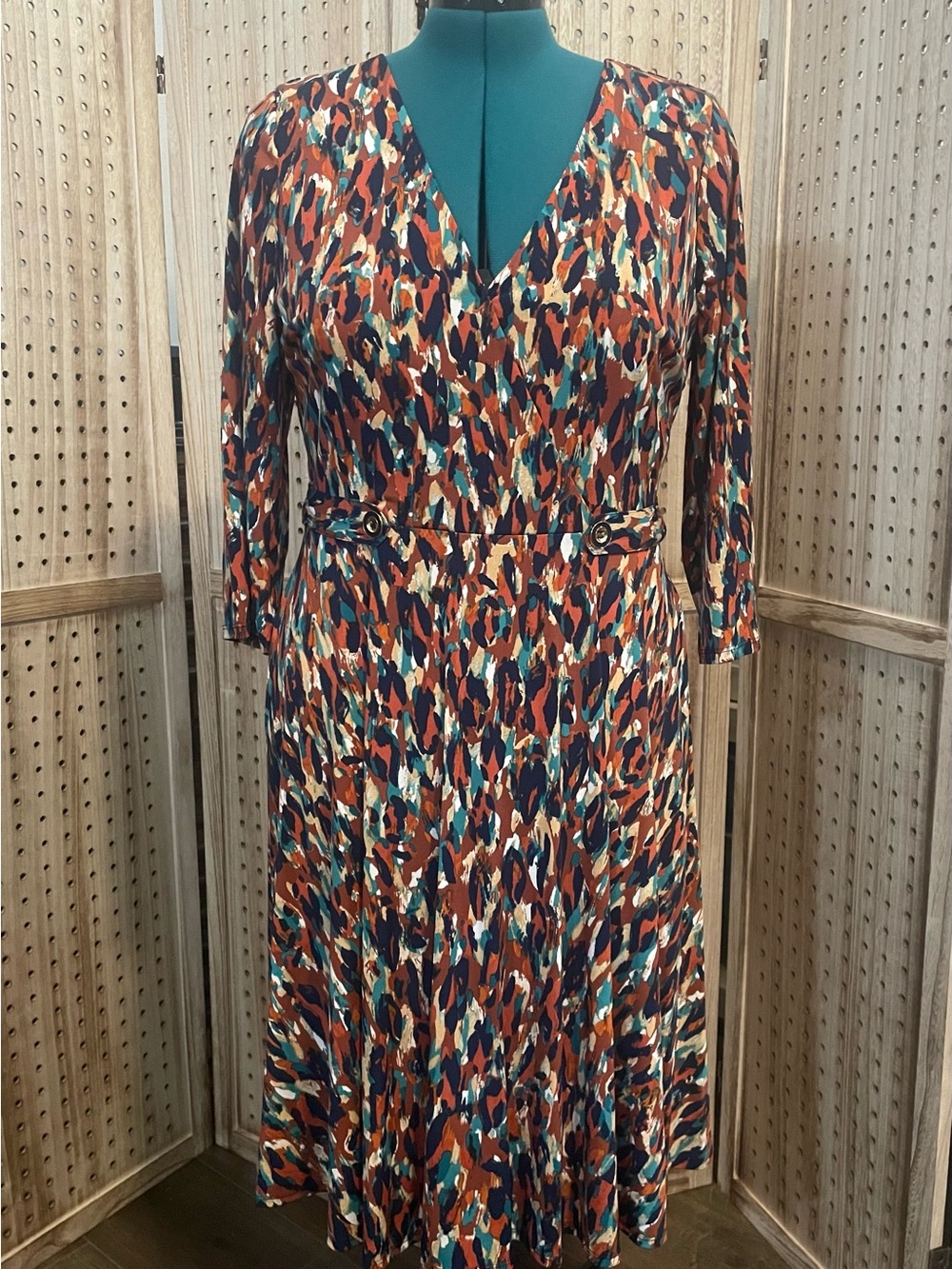 Leslie Fay Teal, Rust & Navy Abstract V-Neck Midi Dress